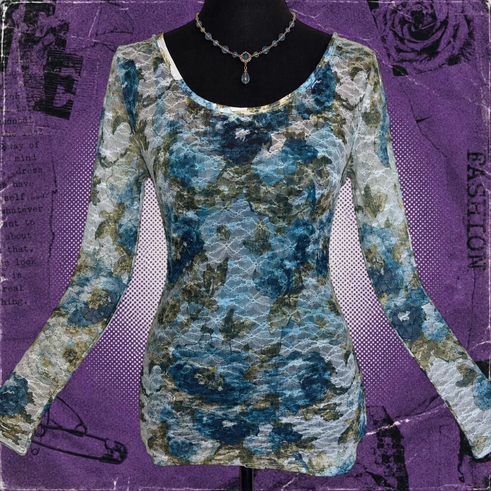 Mudd Y2K Floral Mesh Long Sleeve Top